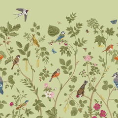 Garden Birds. Mural. Vector vintage illustration. Green © OlgaKorneeva