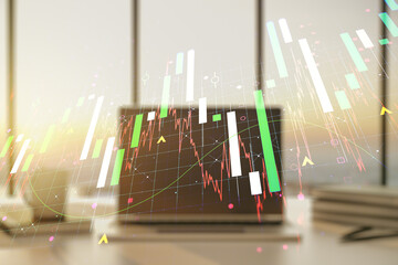Double exposure of abstract creative financial diagram on modern laptop background, banking and accounting concept