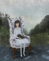 A girl sitting in a chair with her cat at the forest glade - 528401538