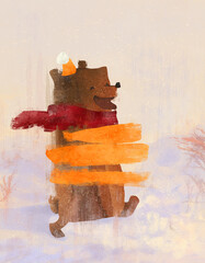 Happy funny bear in hat. Winter illustration - 528401539