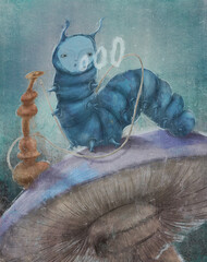 Blue caterpillar with a hookah on a mushroom. - 528401540