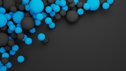 3D render of black and blue balloons on black background with copy space