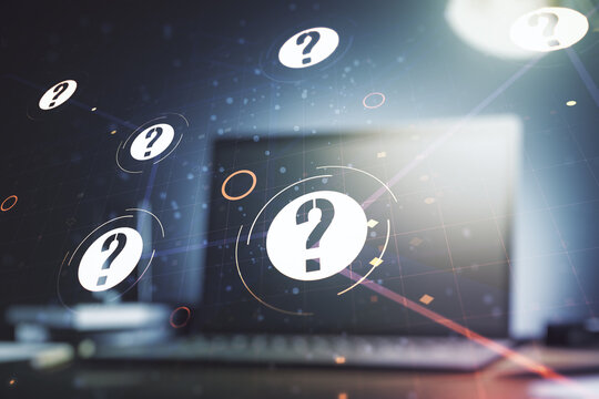Creative abstract question mark hologram on modern computer background, future technology concept. Multi exposure