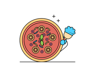 Illustration of flat design outline chef working with pizza and burgers