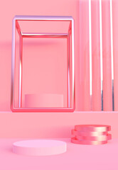 Pink podium with abstract art objects. Stand to show products. Stage showcase with modern scene. Pedestal in vertical display. Beauty fashion backdrop for smartphone. 3D rendering. 