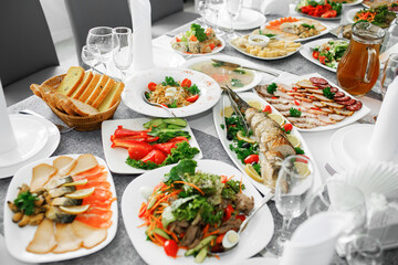 Seafood, fish dishes for the banquet table, snacks, vegetables