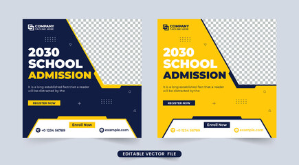 School admission social media post vector with yellow and dark colors. Academic and educational poster design with abstract shapes. School registration template vector. Back-to-school template design. - obrazy, fototapety, plakaty
