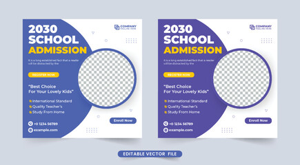 Creative school admission template design with round shapes. Educational social media post vector with purple and blue colors. School admission and academic course promotion template vector.