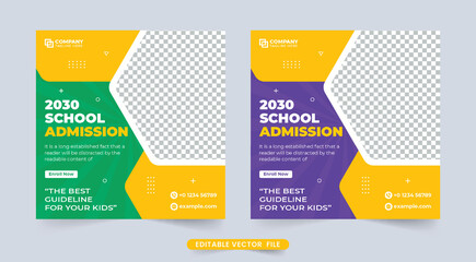 Creative school admission social media banner for promotion. Back-to-school promotion template with green and purple colors. Academic course and admission web template design for educational purposes.