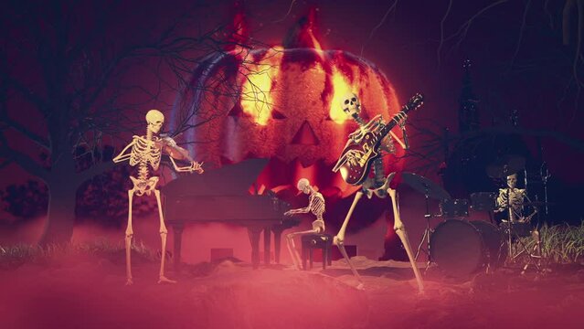 Halloween Skeleton Music Band seamless looping 3d animation rendering in 4K .