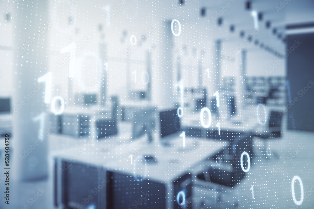 Fototapete double exposure of abstract virtual binary code hologram on modern corporate office background. data