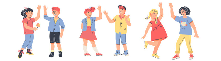 Group of happy boys and girls clapping hands and giving high five. Friendly joyful children cartoon characters, flat vector illustration isolated on white background.