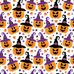 Scary Jack o lantern face in witch hat, and candy corn. Seamless pattern for Halloween. good for textile print, wrapping and wall paper, and other decoration.