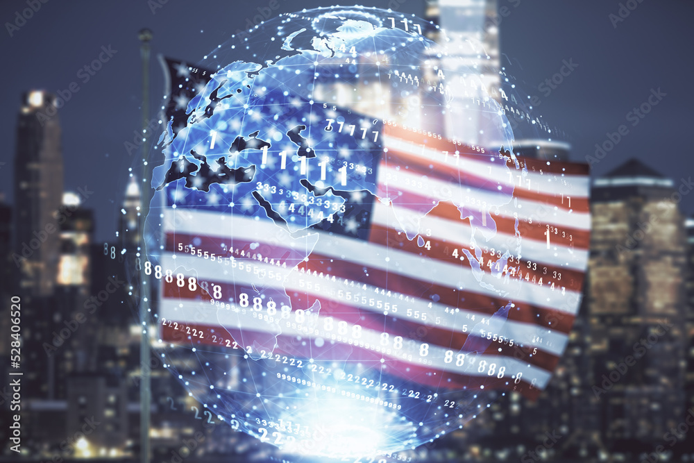 Poster multi exposure of abstract programming language hologram and world map on us flag and city backgroun