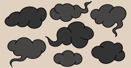 Plexiglas foto achterwand Set of black clouds in a flat style. Attributes for Halloween. Mysterious. fabulous icons. Cartoon hand drawn. © Екатерина Перанова