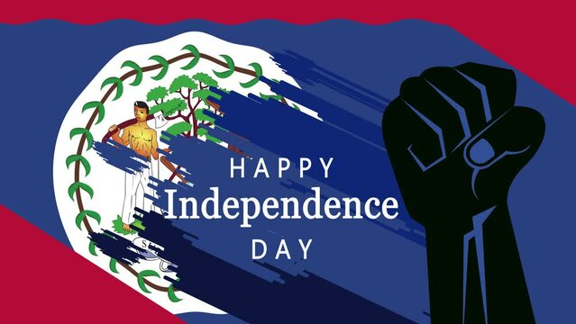 Happy Independence Day from Belize with raised fists. Motion Design on the 21th of September, independence from Belize. Animation with Belize flag waving in the wind