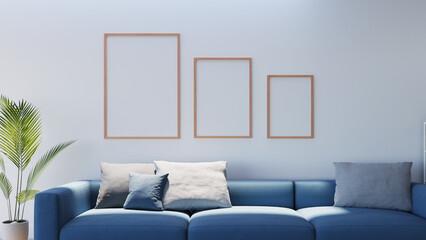 three Photo Frame mockup with white wall, 3d rendering