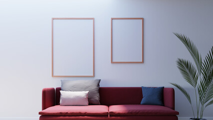 two Photo Frame mockup with white wall, 3d rendering