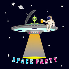 Fancy space party illustration with alien and astronout 