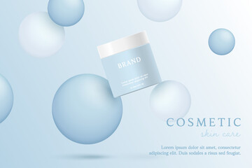 Blue cosmetic 3d background with drop of liquid bubble floating.