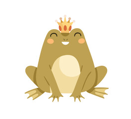 Cute frog princess with crown. Happy girl froggy. Funny amphibian animal. Adorable amusing toad. Lovely sweet magic character. Childish kids flat vector illustration isolated on white background