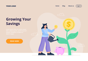 Personal finance management and financial literacy concept. Business and investment incomes. A woman water a money tree that gives profit. Vector flat illustration for web page or banner.