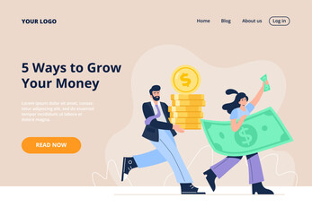 Personal finance management and financial literacy concept. A man and woman hold a big stack of coins and cash. Vector flat illustration for web page or banner.