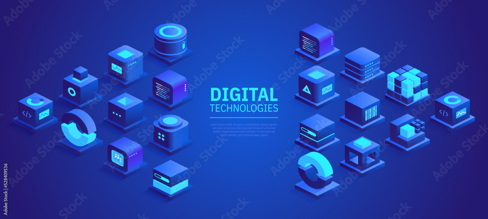 Poster web banner design of digital technologies concept. abstract isometric cubes with text place on blue 