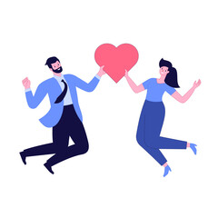 Happy business people or office workers in jump. Successful team with heart sign. Award ceremony for winners. Quality mark with heart. Gender equality. Vector illustration