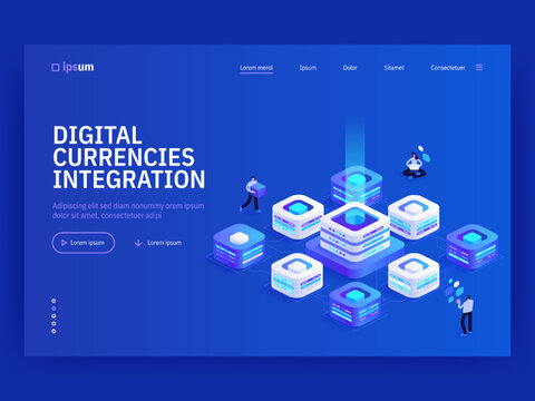 Digital currencies integration isometric vector image on blue background. Easy access to cryptocurrency wallets. Blockchain network. Web banner with space for text. Composition with 3d components