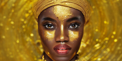 Vogue style close-up portrait of beautiful golden african woman
