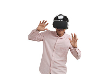 Young peruvian man laughing using virtual reality headset. Isolated over white background.