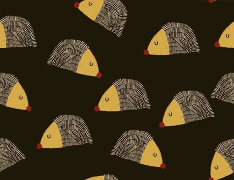 Ornament mit Igel f&uuml;r Kindertapete oder Packpapier. Nahtloses Motive. Vintage-Muster. Bunter Rapport. Farbenfroh. Verspielt. Tiermotiv