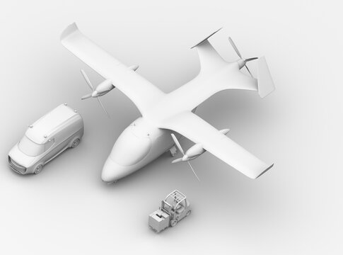 Isometric view of Electric VTOL cargo delivery aircraft , van and forklift on gray background. Clay rendering. 3D rendering image.
