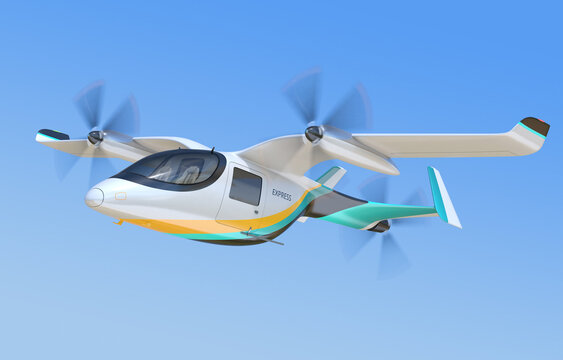 Electric VTOL cargo delivery aircraft flying in the sky. 3D rendering image.