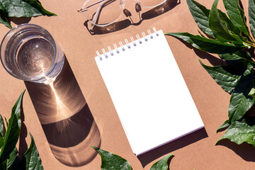 Empty notepad, glass of water and eyeglasses with strong shadows on brown background with green leaves. Creative mockup. Top view, flat lay, Still life