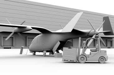 Clay rendering of Electric VTOL cargo delivery aircraft charging on the port. Forklift loading pallet at rear door. 3D rendering image.