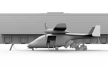 Clay rendering of Electric VTOL cargo delivery aircraft charging on the port. Forklift loading pallet at rear door. 3D rendering image.