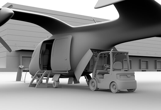 Clay rendering of Electric VTOL cargo delivery aircraft charging on the port. Forklift loading pallet at rear door. 3D rendering image.