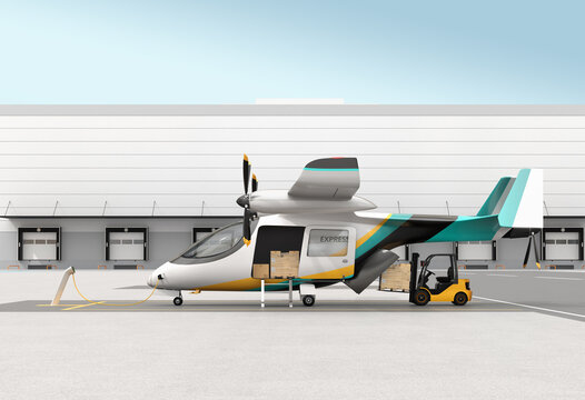 Side view of Electric VTOL cargo delivery aircraft charging on the port. Forklift loading goods at rear door. 3D rendering image.