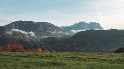Beautiful panorama with mountains and clouds. Photo of an alpine panorama without filters or...