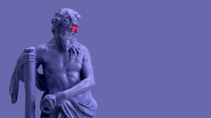 3d render, Very Peri color violet a statue with a stick on the left side of the background