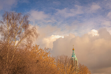 Church in the spring morning with the cloudy sky