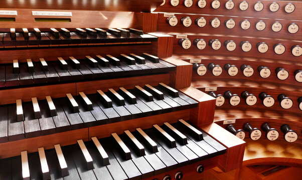 Part of a group of keyboards and stop buttons of an pipe organ, a classical musical instrument