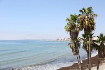 Seascape with views of the city of Estepona, Spain. Alboran Sea coast, Mediterranean Sea.