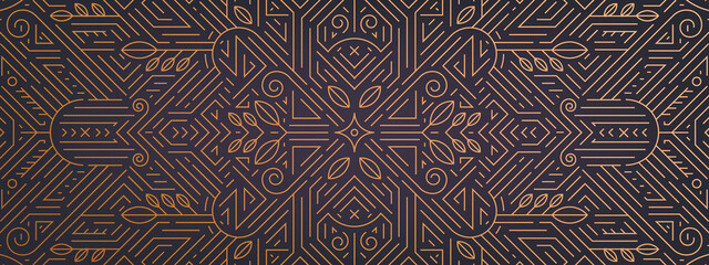 Vector abstract geometric golden background, gatsby style pattern. Art deco wedding, party, geometric ornament, linear style. Horizontal luxury decoration element, banner, gold and black. - obrazy, fototapety, plakaty