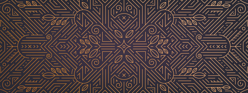 Vector abstract geometric golden background, gatsby style pattern. Art deco wedding, party, geometric ornament, linear style. Horizontal luxury decoration element, banner, gold and black.