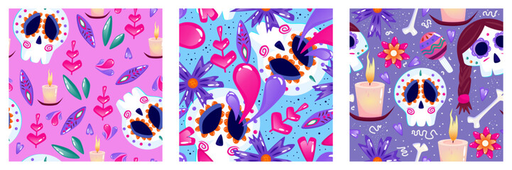 Muertos pattern with skull set. Mexico day dead holiday. Floral skull face. Floral seamless background. Halloween and traditional festival seamless pattern.