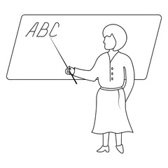 The teacher teaches students the alphabet. Sketch. A woman points with a pointer at the letters ABC written on the chalkboard. Vector illustration. School theme. Coloring book for children. 