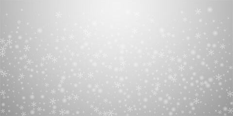 Christmas falling snow background. Subtle flying snow flakes and stars. Festive winter silver snowflake overlay template. Vector illustration
